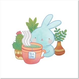 Cute Rabbit Loves Tea | Kawaii Handmade Illustration | By Atelier Serakara Posters and Art